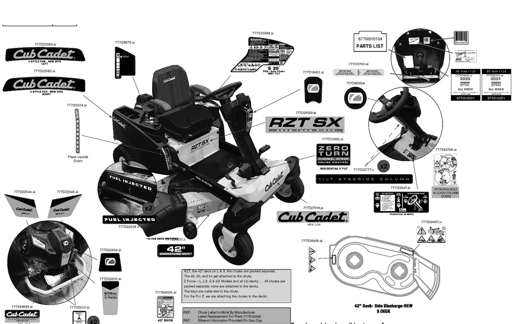 Label Map Diagram and Parts List for RZT-SX42EFI (17AWCBYS010)(2021) Cub Cadet Lawn Tractor